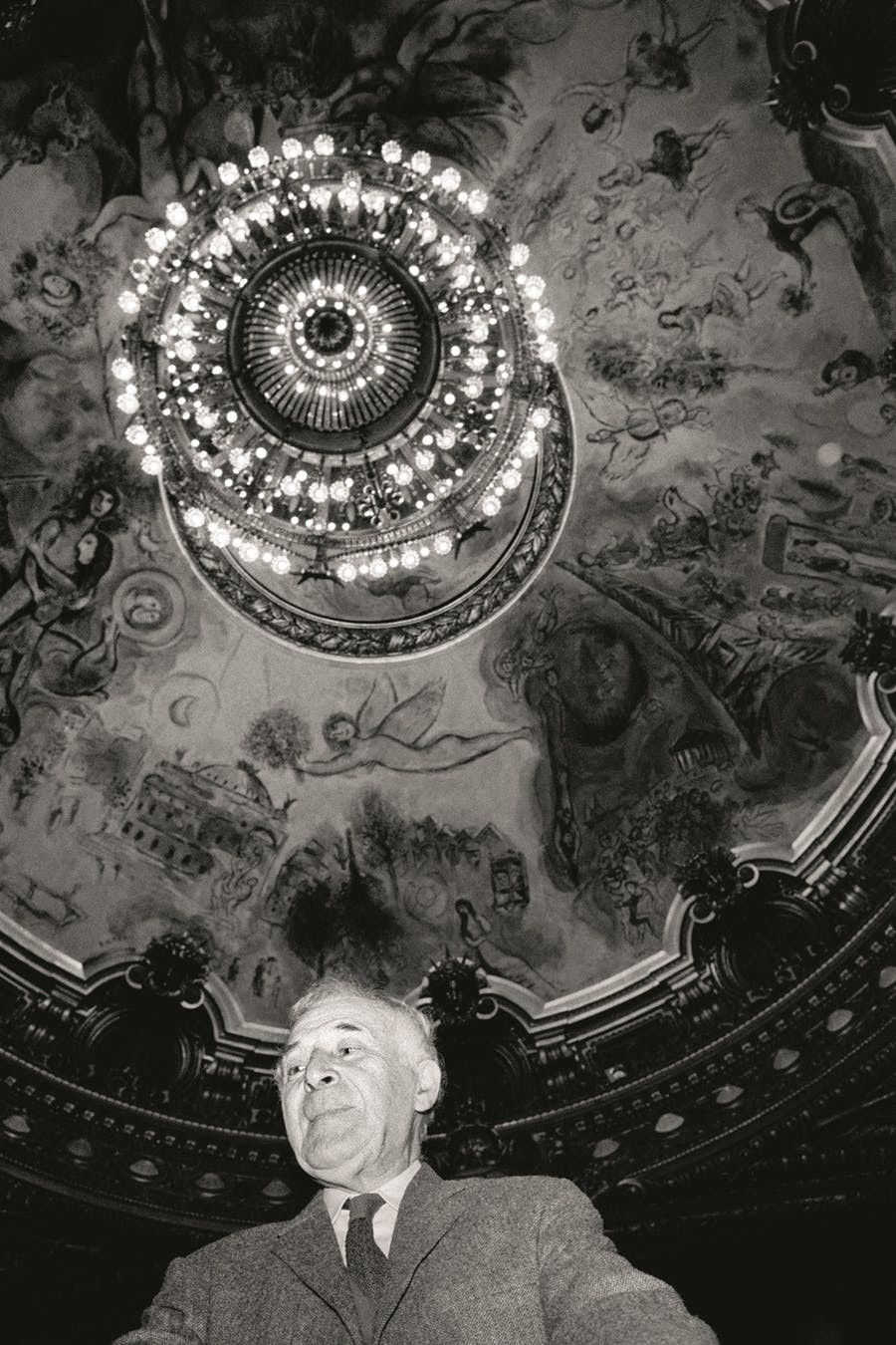 Marc Chagall and the finished work at the Paris Opera