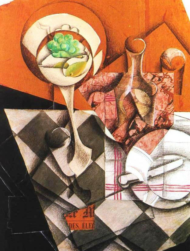 Voorbeeld synthetisch kubisme, Fruitschaal en karaf, 1914, Juan Gris  