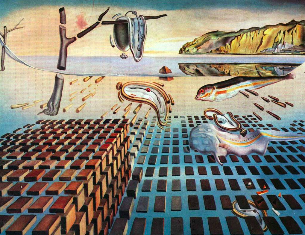 Een typisch voorbeeld van de surrealistisch schilderij van Salvador Dali,Disintegration of the Persistence of Memory (1952-54)