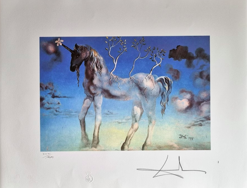 Voorbeeld van lithografische reproductie van 'The Happy Unicorn', Salvador Dalì 