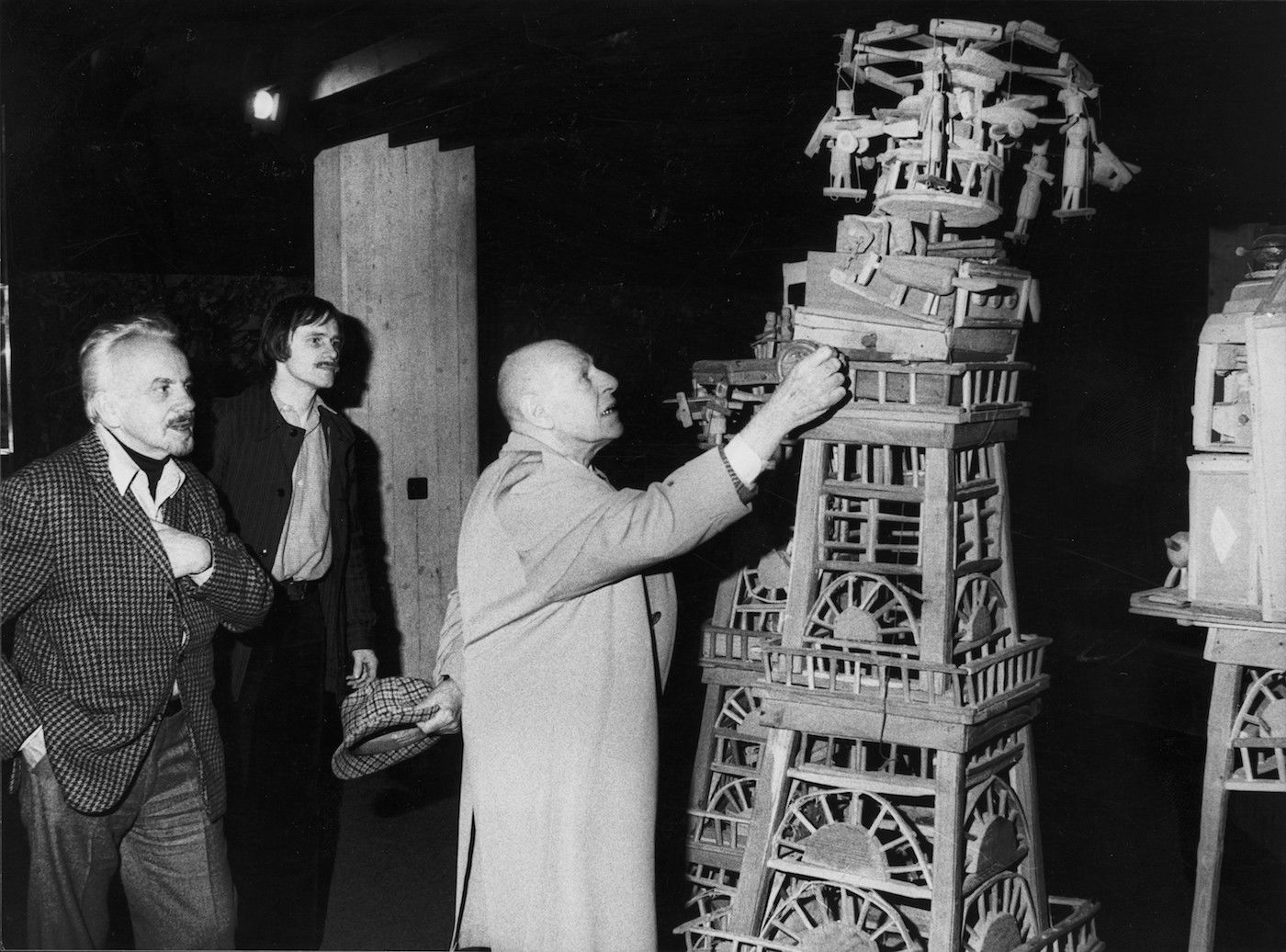 Jean Dubuffet, Michel Thévoz and the artist Slavko Kopac (a collaborator with the Compagnie de l’Art Brut) at the Collection de l’Art Brut in Lausanne, Switzerland,  on the eve of the new museum’s opening, February 1976 (photo by Jean-Jacques Laeser, courtesy of Collection de l’Art Brut)