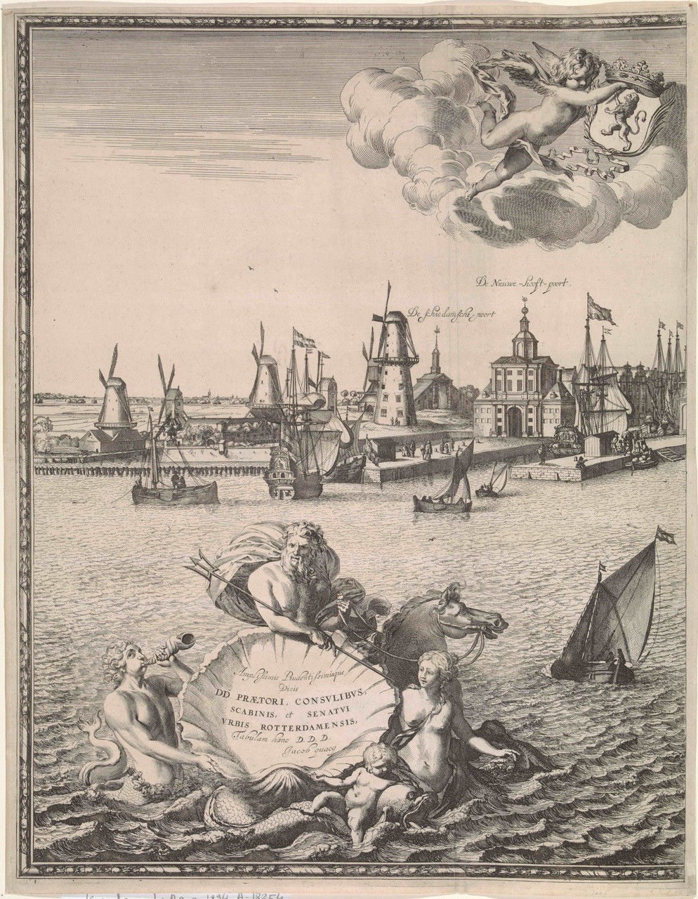 Joost van Geel (Published by Jacob Quack), Panoramic view of Rotterdam, “1665” [=not before 1675], detail. 