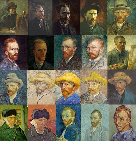 Een collage van een twintigtal zelfportretten van Vincent van Gogh
