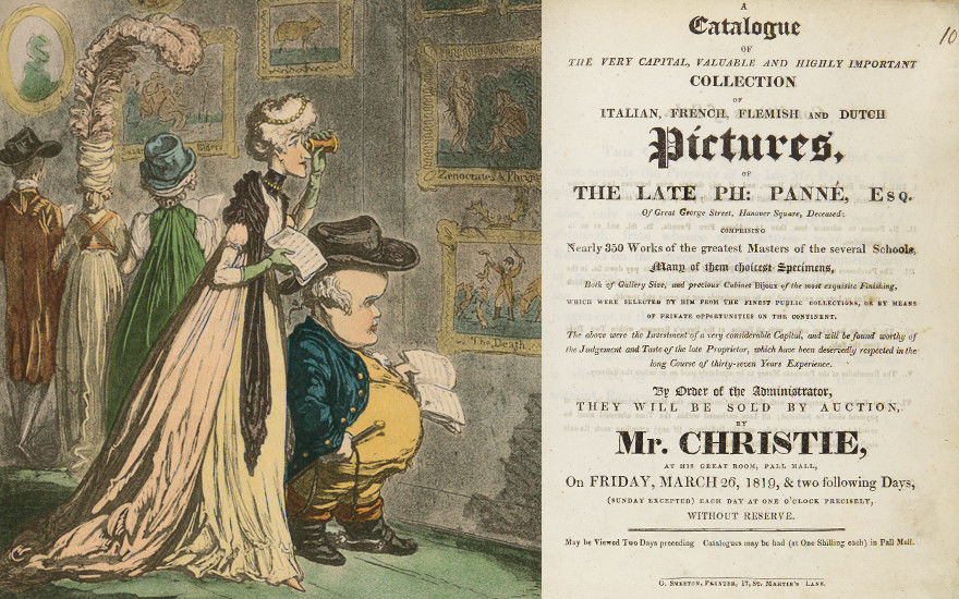 Een aankondiging van één van de eerste kunstveilingen door de Mr. Christie in 1819 