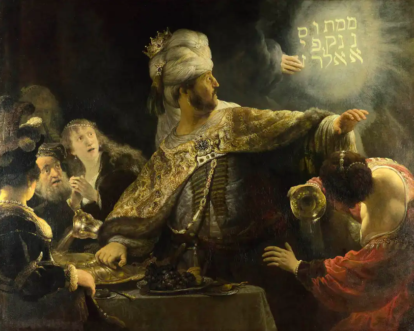 Typical baroque painting using dark and light in Belshazzar’s Feast by Rembrandt van Rijn, 1635