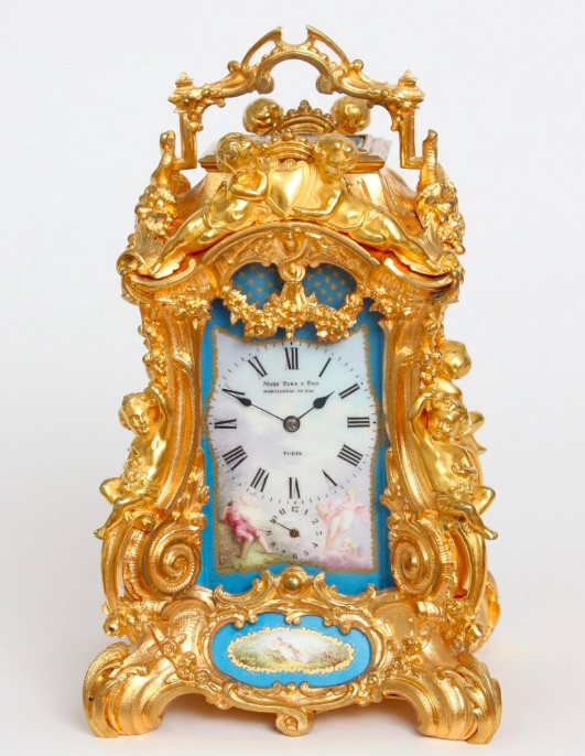 Antiek kopen, een antieke Frans vergulde reis klok en wekker uit circa 1870 