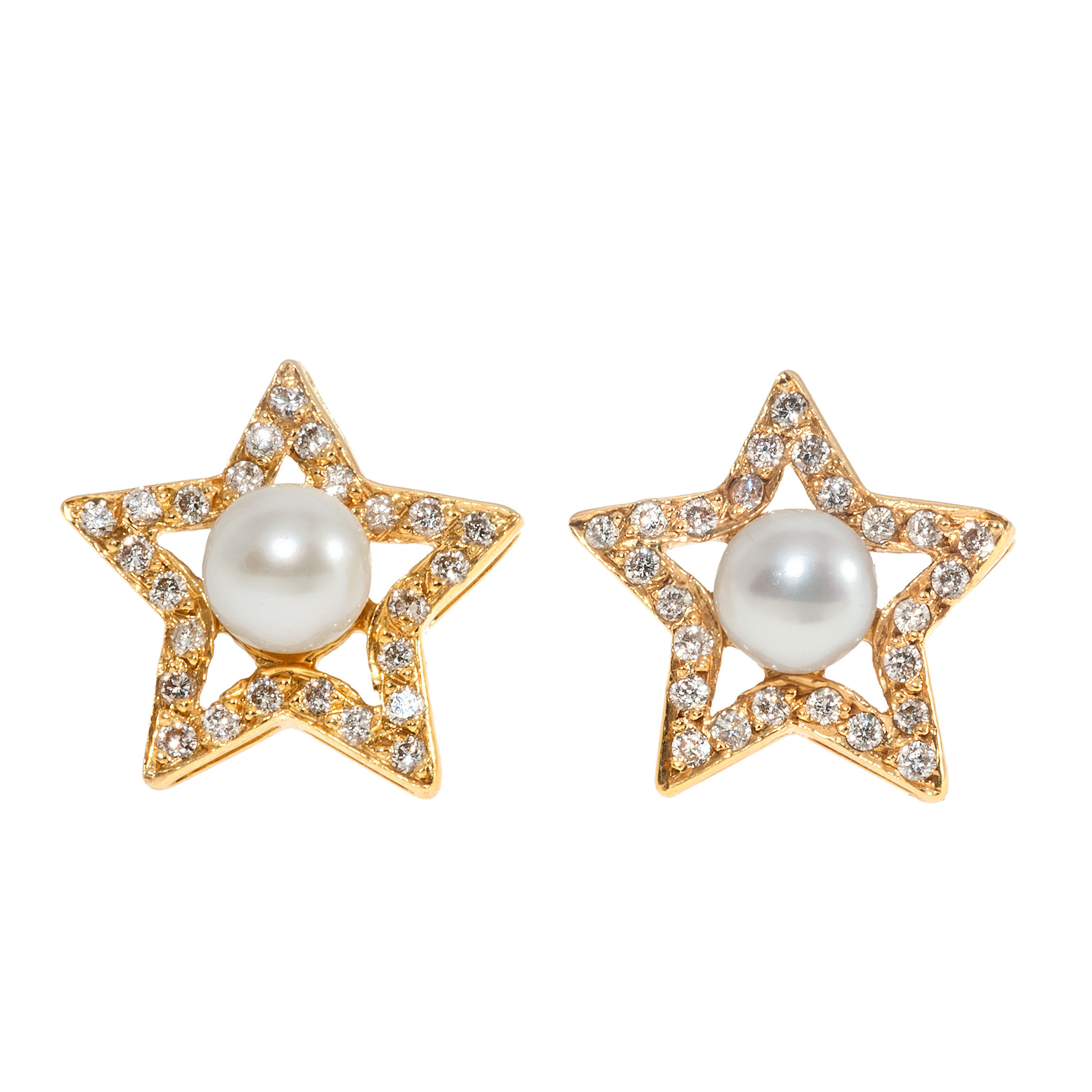 Star earrings, 18K yellow gold set with brilliant-cut diamonds and button shaped pearls