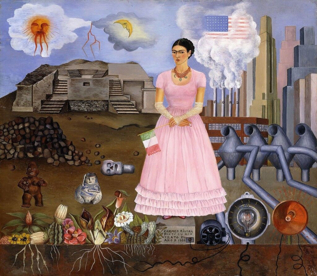 Frida Kahlo, surrealistisch zelfportret op de grenslijn tussen Mexico en de Verenigde Staten, 1932