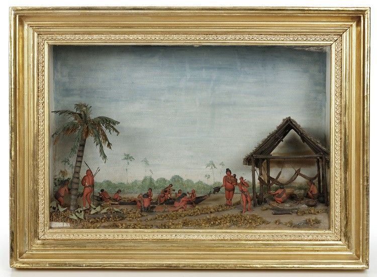 Hendrik Samuel Schouten (1785 - 1840), ‘Caribbean Indians at the river side’, Wooden diorama painted papier-mâché, twigs and dried moss, 51 x 69.5 x 20 cm.  Signed and dated 'Geboetzeerd in Jagdlust door Hendrik Schouten in Surinaame 1809'.