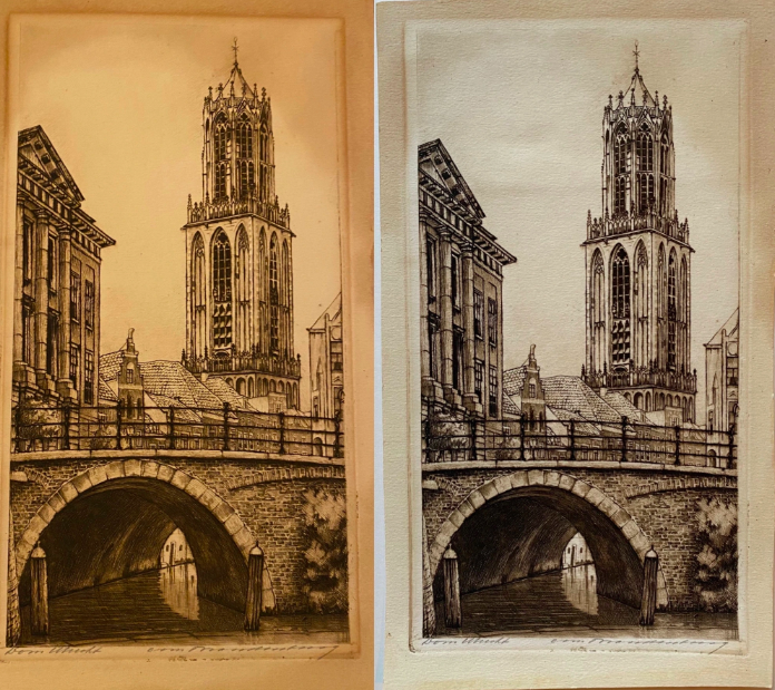 Links, een oude gravure van 'verzuurd papier' en rechts het resultaat na restauratie (wassen)