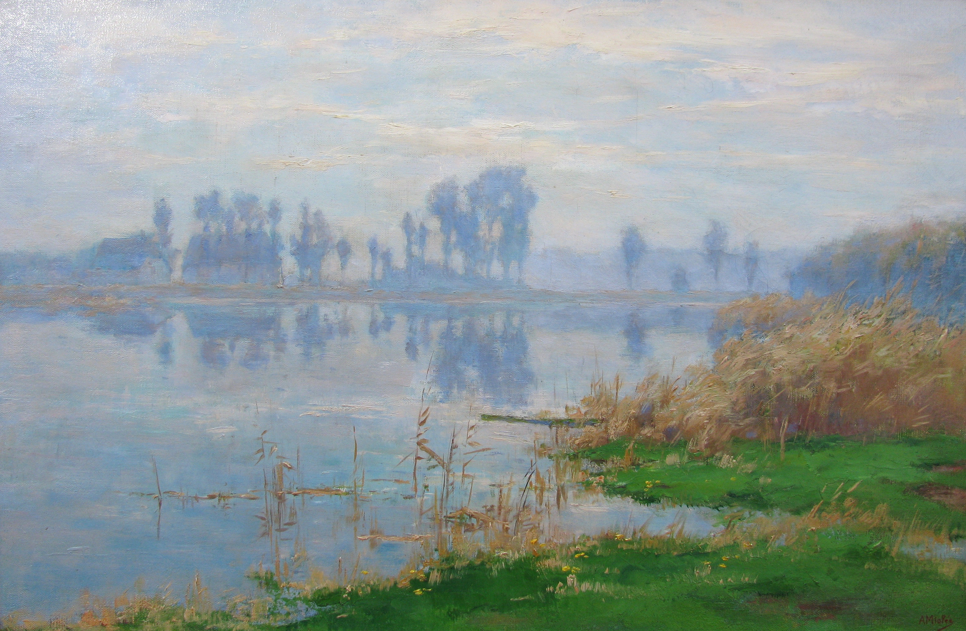 Adrianus Miolée painting Foggy sunlight on the Vecht