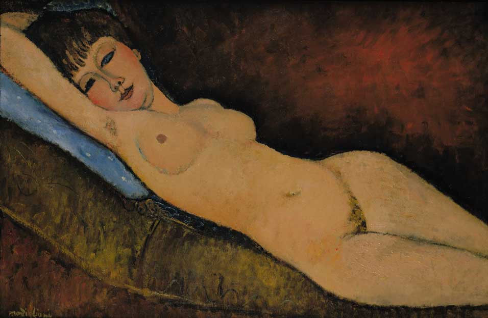A intimate image of a female nude in Nu Couché au coussin Bleu, by Modigliani, 1916