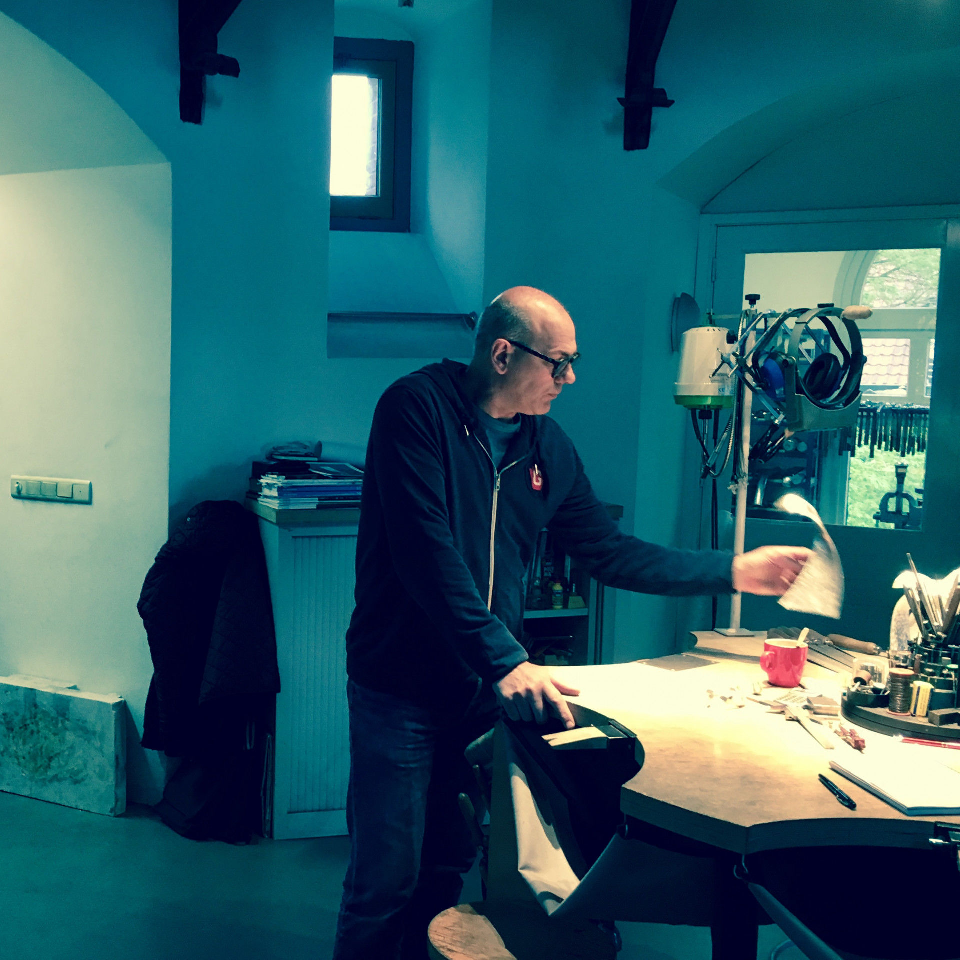 Paul de Vries in his studio, situated in the water tower. 