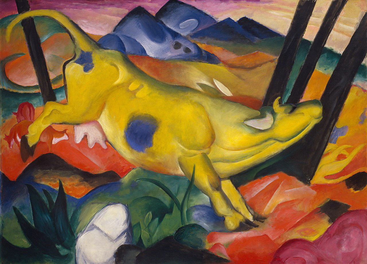 Franz Marc: Die gelbe Kuh, 1911, voorbeeld van felle primaire kleuren en van de vroege expressionistische beweging genaamd 'De Blaue Reiter'