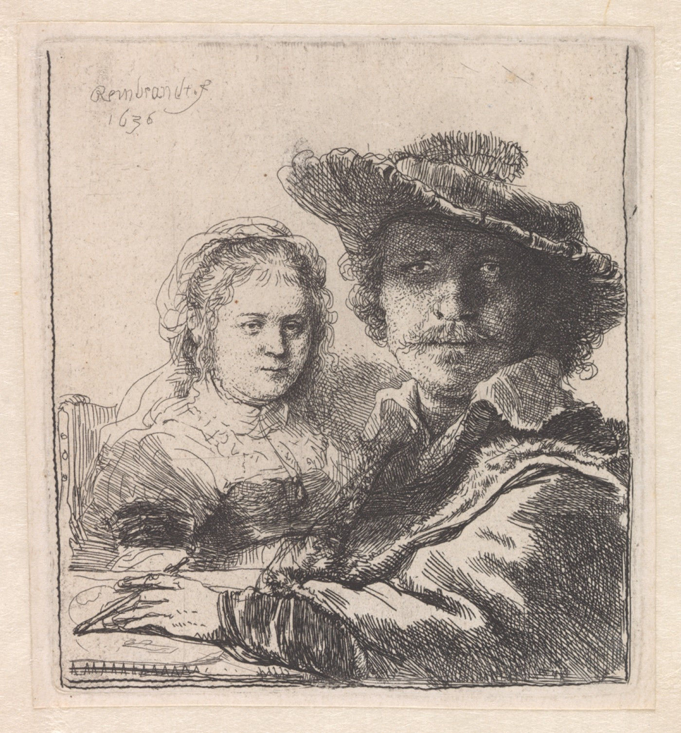 Eau-forte de Rembrandt van Rijn 'Autoportrait avec Saskia', 1636