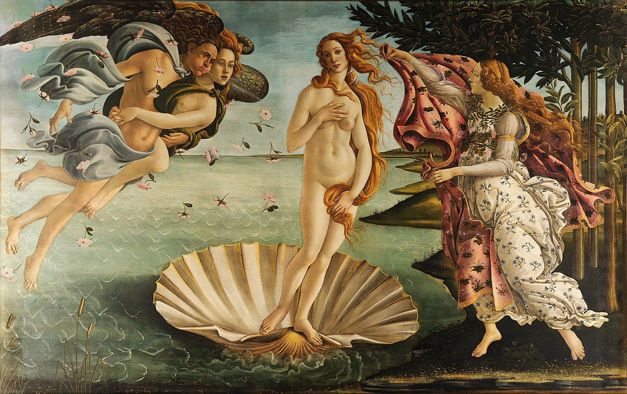 The nude women and male nudes by Sandro Botticelli, The Birth of Venus (c. 1484–1486), Florence