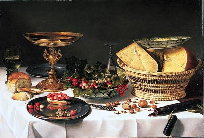 A typical 17th century breakfast still life by the Haarlem artist Pieter Claesz., 'Banquet with cheese and fruit', c. 1623
