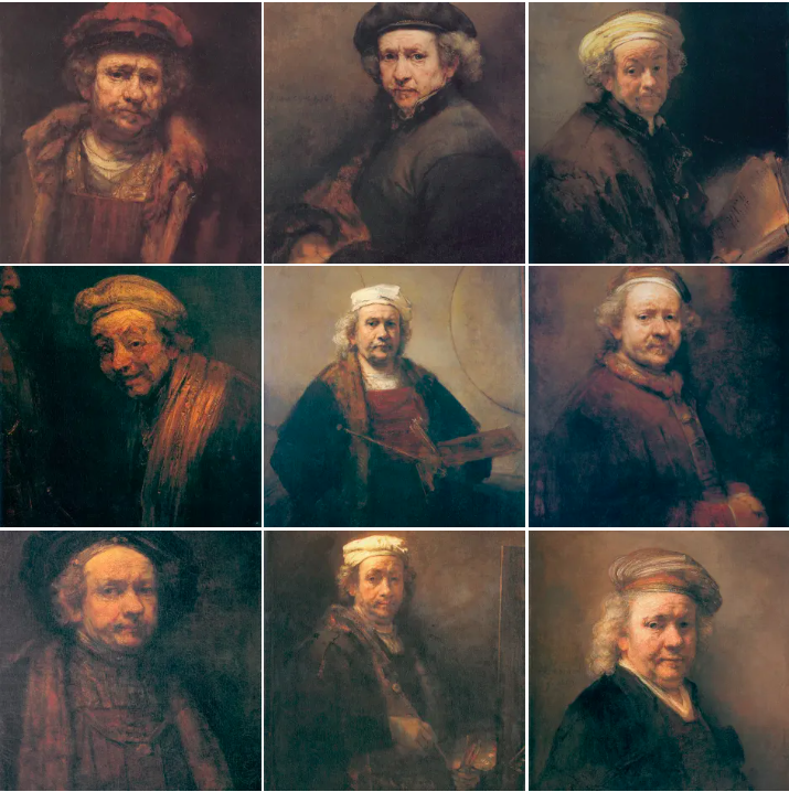 9 zelfportretten van Rembrandt, in totaal maakte hij er meer dan 80!