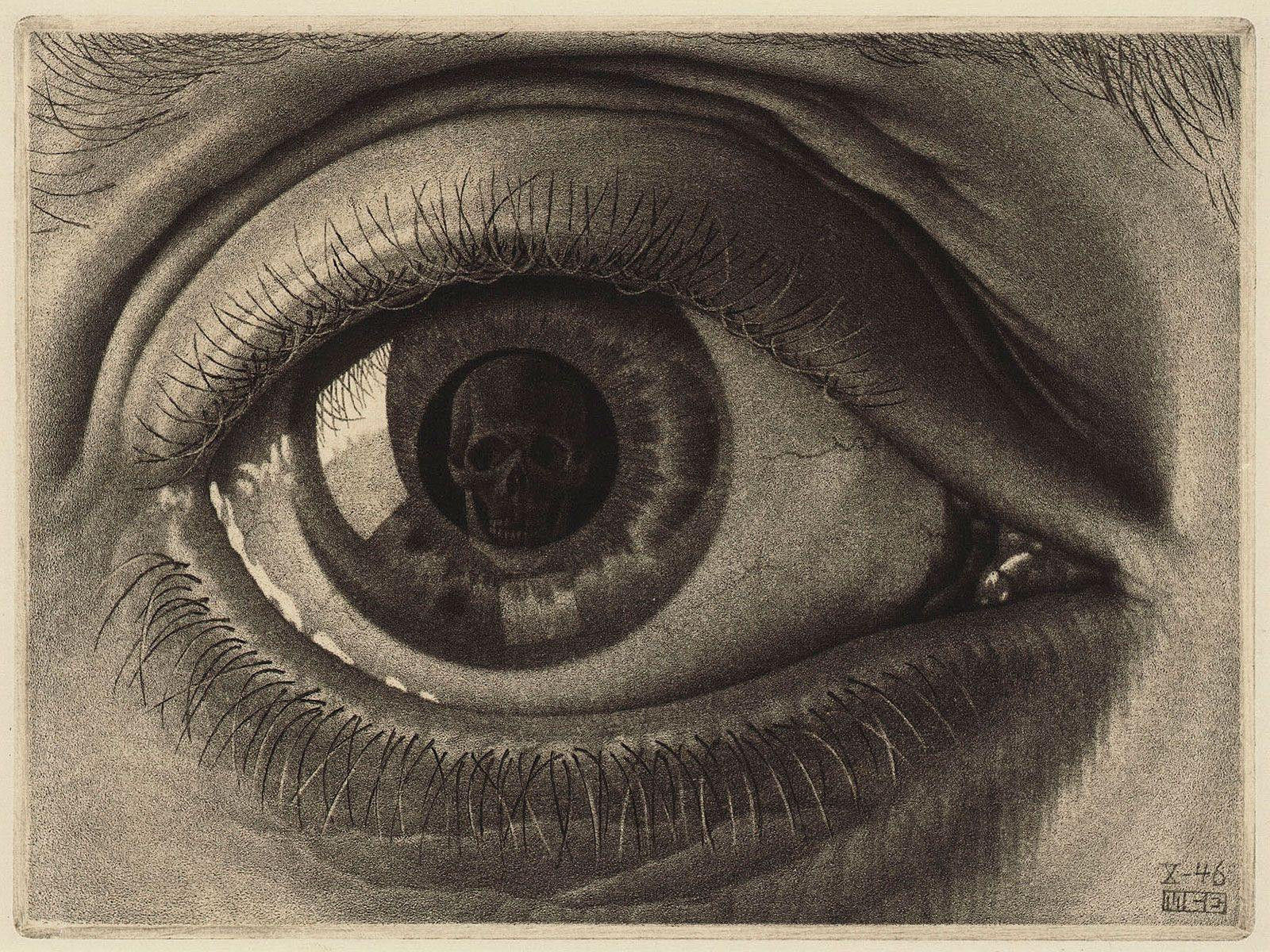 Een bekende mezzotint afdruk gemaakt door M.C. Escher uit 1946, genaamd 'Oog'  