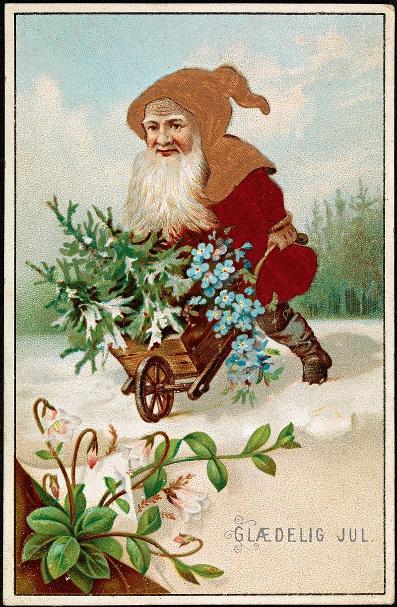 A Nisse on a Christmas postcard, 1885, Denmark, Nasjonalbiblioteket