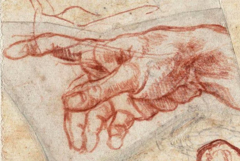 Schets van Michelangelo Buonarroti, The Hand of God (detail), c. 1511. (1475–1564)