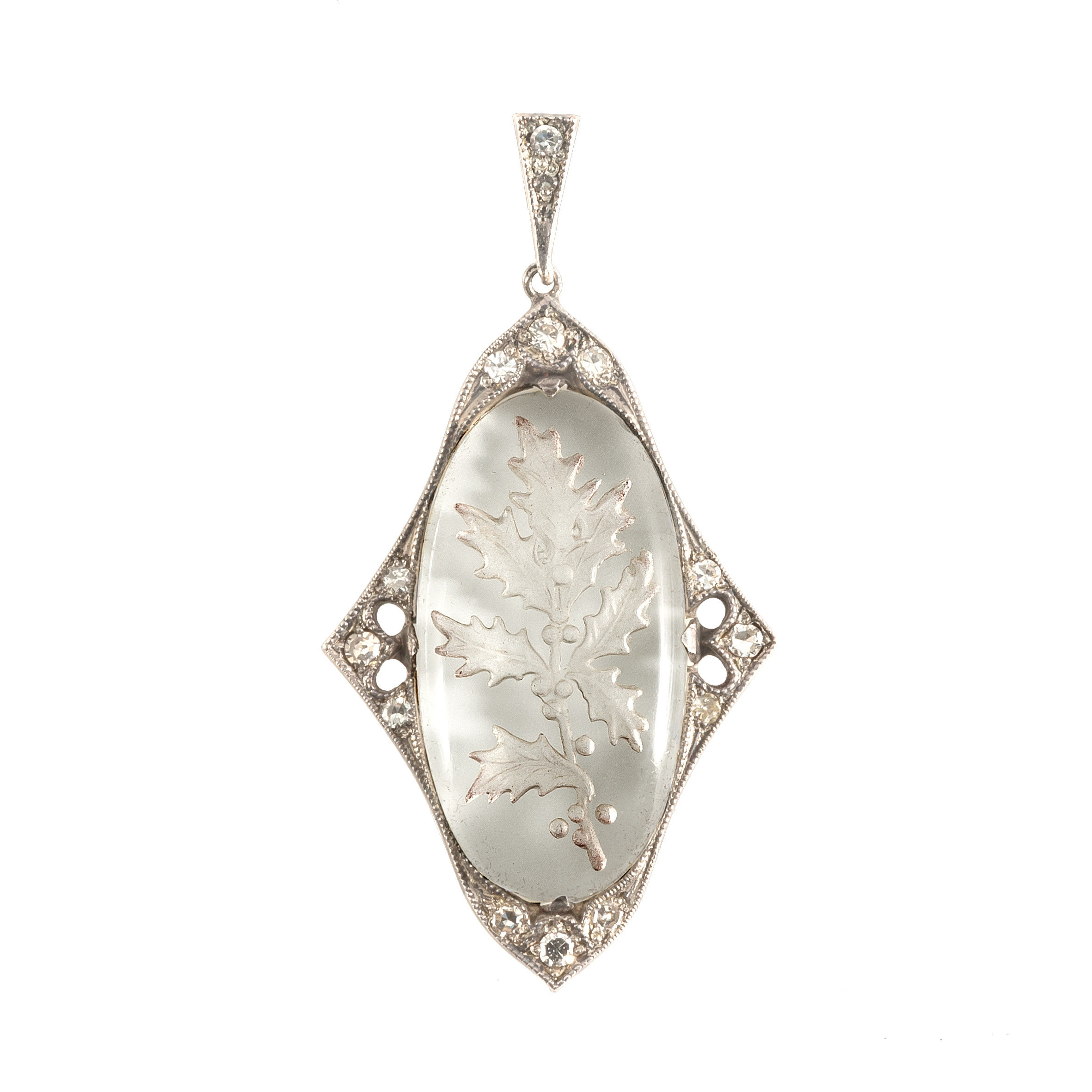 Silver Belle Époque pendant, hand-carved crystal set with old-cut diamonds