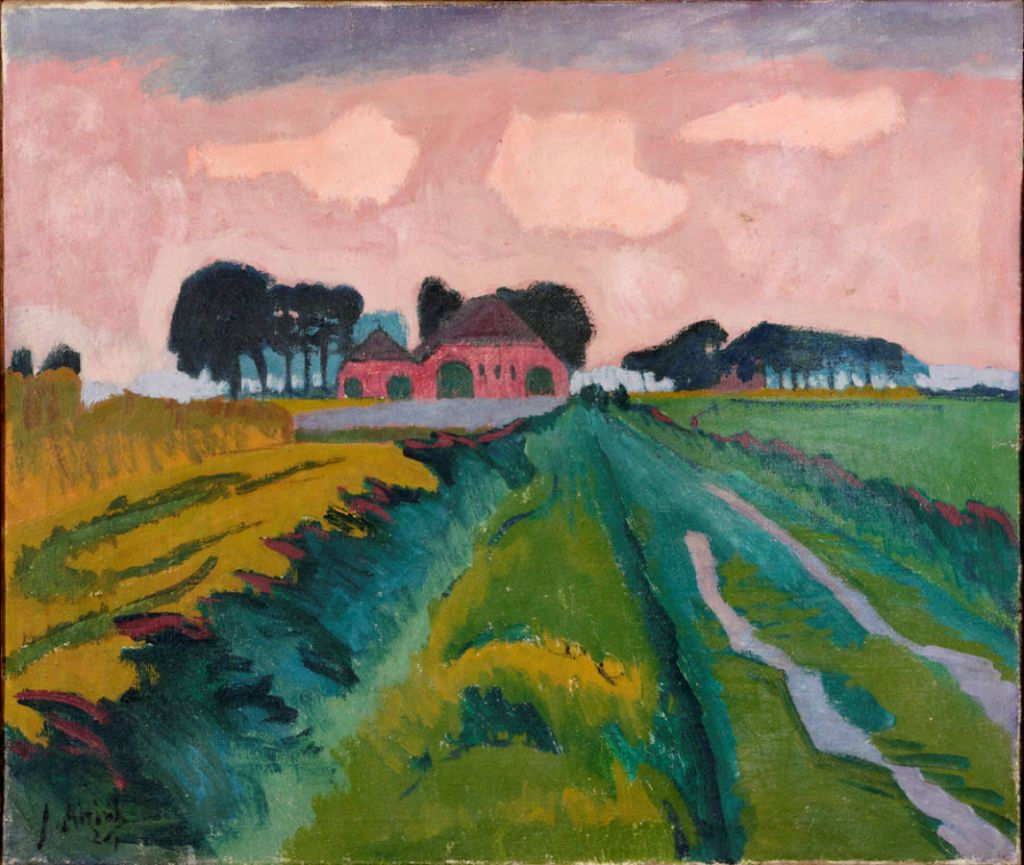 Schilderij van Jan Altink, De rode boerderij, 1924 als voorbeeld van de Nederlandse expressionistische beweging 'De Ploeg'