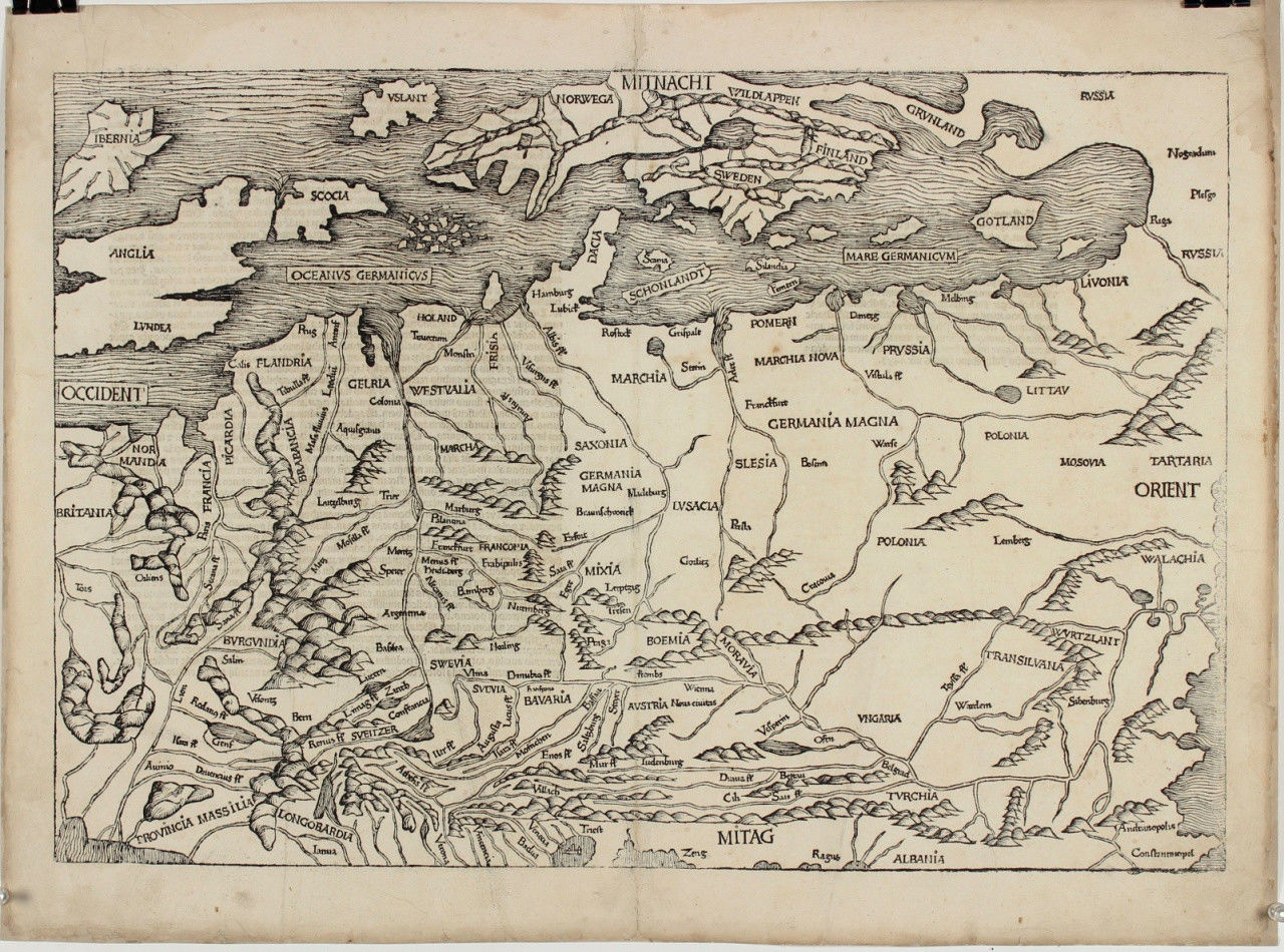 Michael Wolgemut, Map of Northern and Central Europe - Hartmann Schedels Nuremberg Chronicle, 1493, ink on paper, 38 x 57 cm