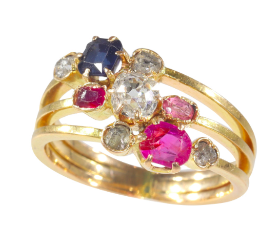 Antiek kopen, een antieke ring van goud, diamanten en robijnen met uit de Victoriaanse tijd rond 1880  