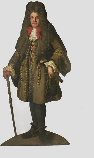 Unknown maker- England ca 1690. Life-size cut-out painting of a man holding a cane. Oil on wood on lined canvas.  Victoria and Albert Museum (property number W.62-1931)