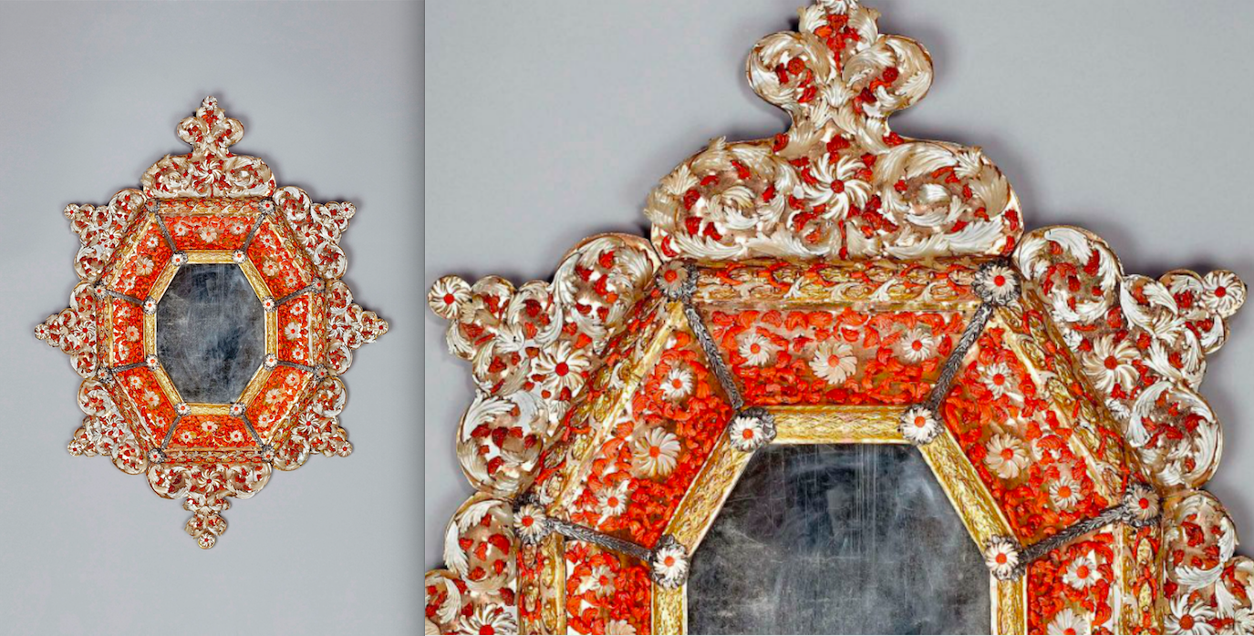 Kunsthandel Peter Mühlbauer. A Sicilian gilt-copper-mounted coral and mother-of-pearl, now mounted as a mirror. 
