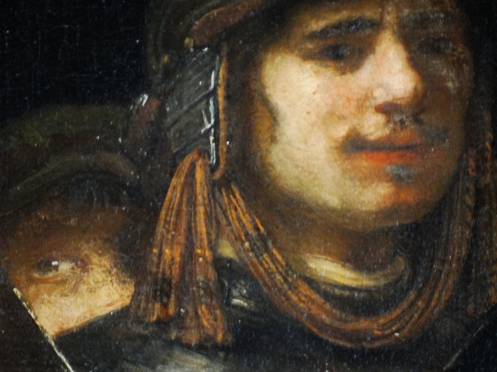 Detail van de Nachtwacht waarbij Rembrandt zichzelf heeft afgebeeld