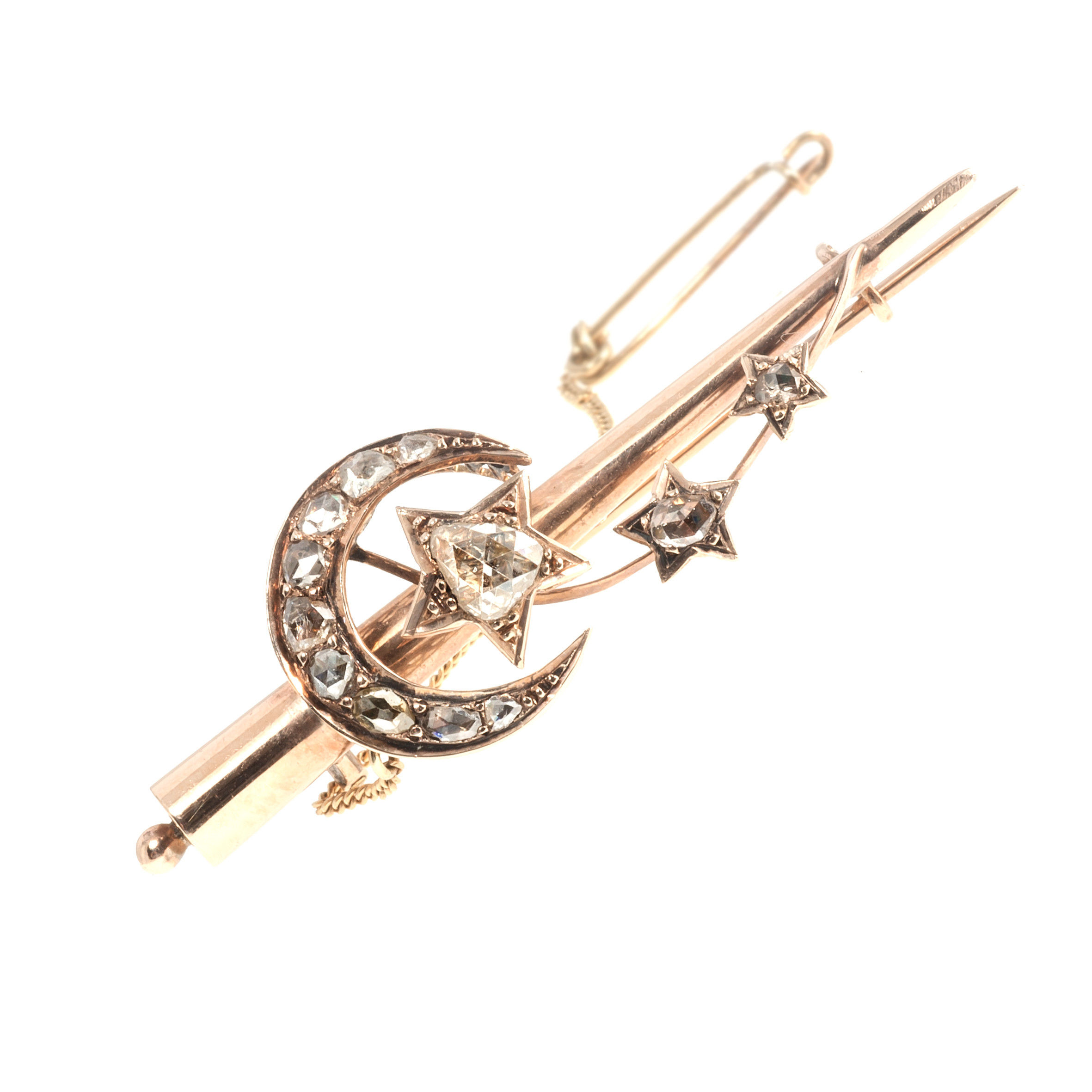 Victorian bar brooch with moon and stars, 14K red gold set with rose-cut diamonds